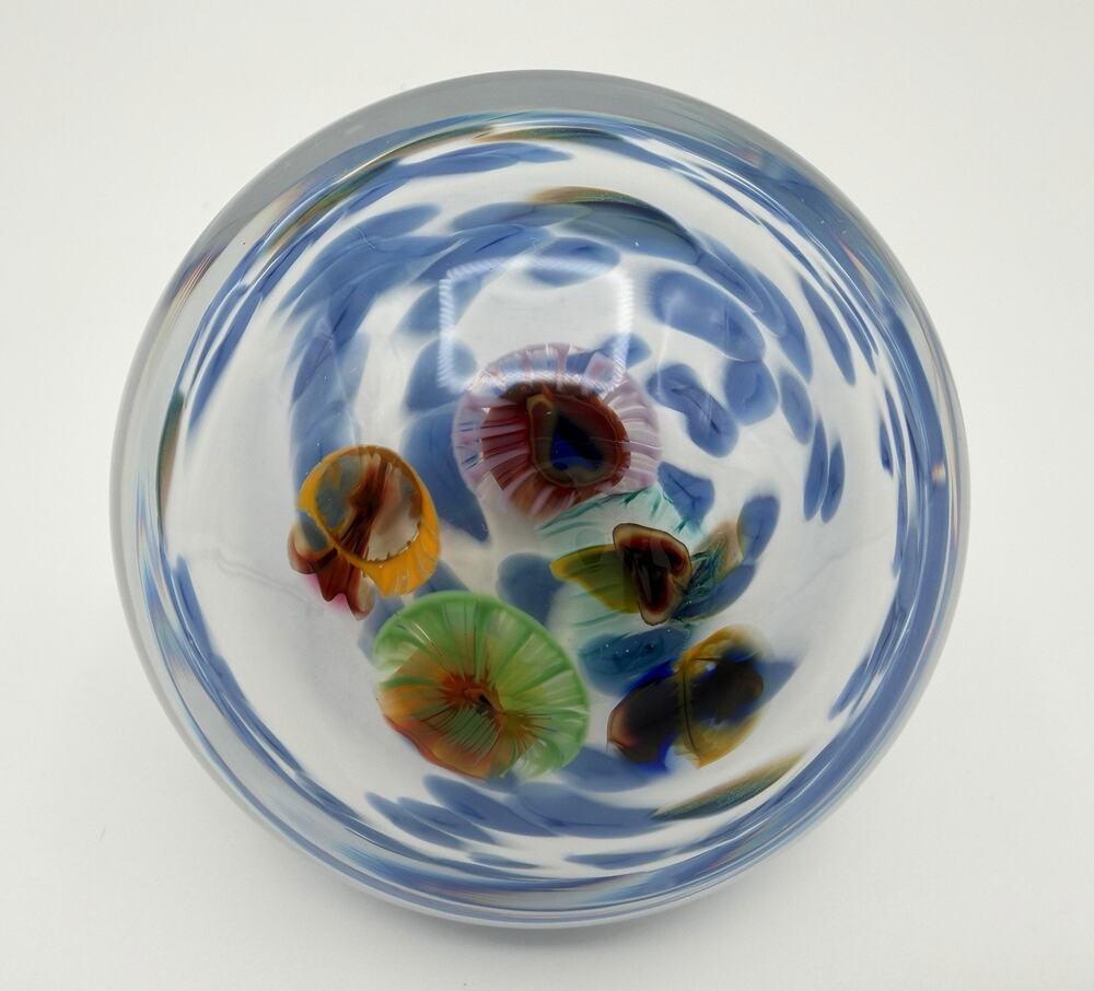 Rick Beck Art Glass Millefiori Paperweight 2” Blue & White Swirl Handmade Signed